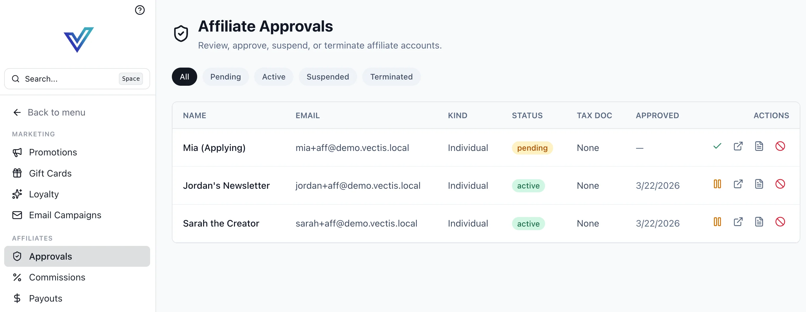 Affiliate approvals