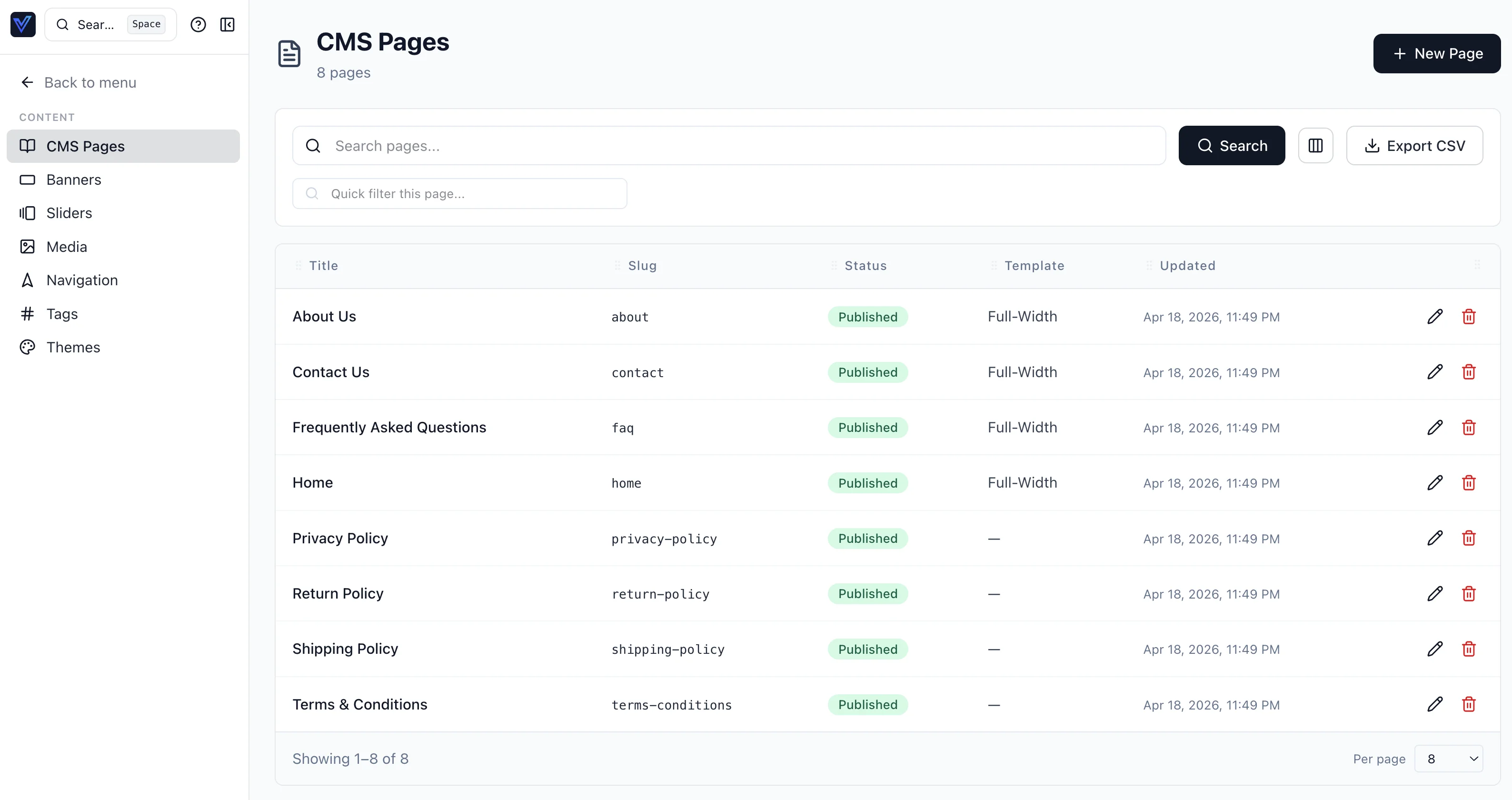 CMS Pages list