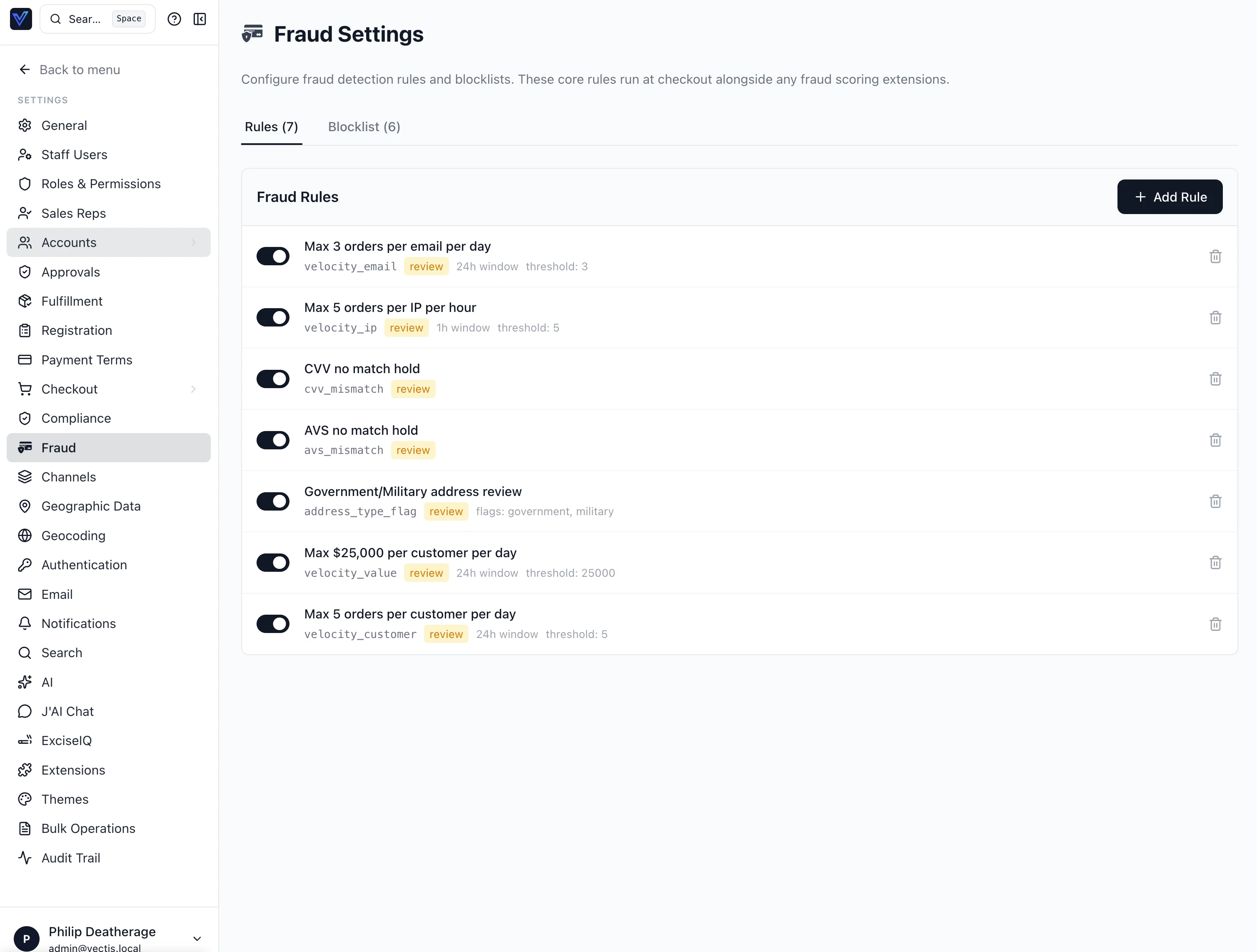 Fraud settings — built-in rules