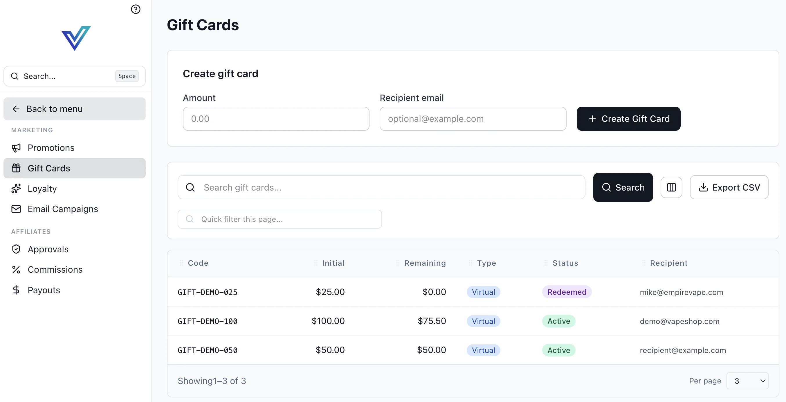 Gift cards list