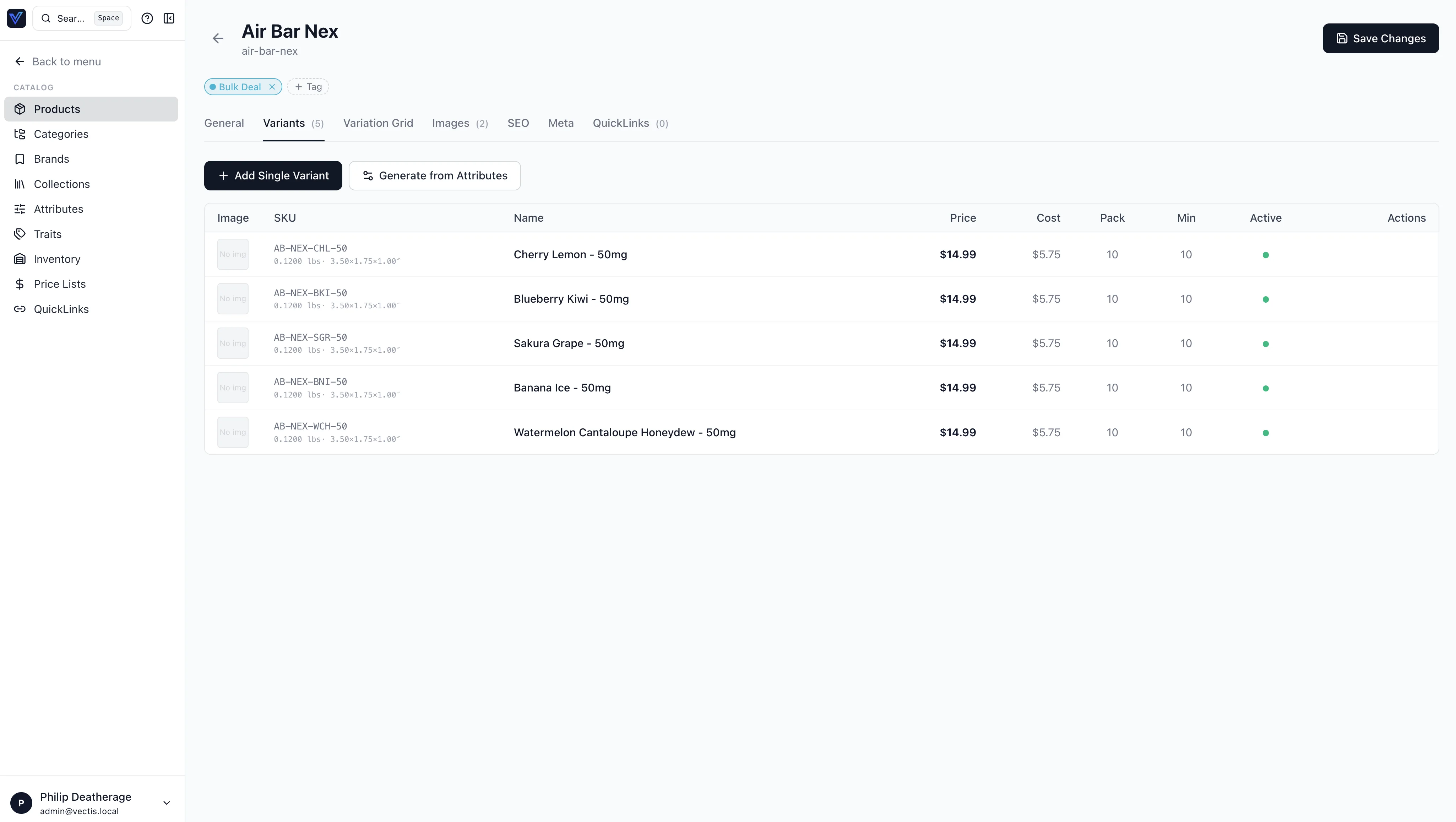 Product variants tab