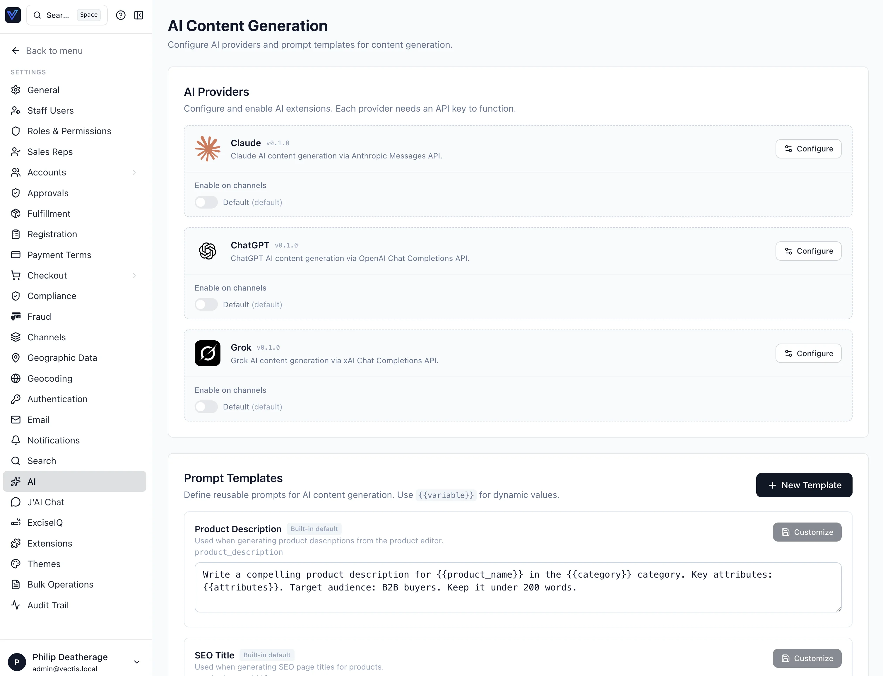 AI content generation settings